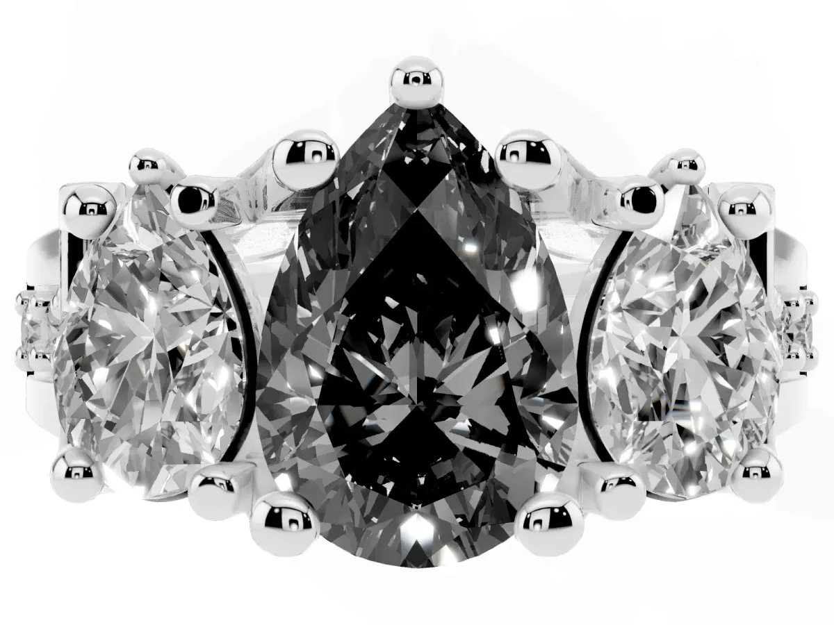 Fancy Black Pear Cut Diamond Three-Stone Ring with Channel Set Band and Four-Prong Setting Silver