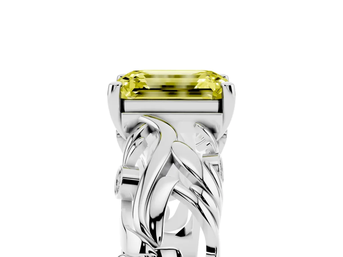Fancy Yellow Emerald Cut Solitaire Diamond Leaf-Inspired Vine Band Ring with Prong Setting White gold