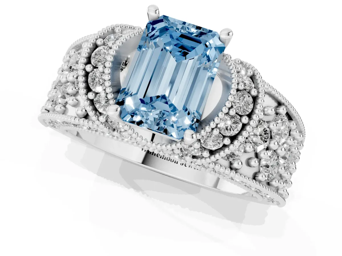 Fancy Blue Emerald Cut Halo Pave Diamond Engagement Ring with Milgrain Detailing White gold
