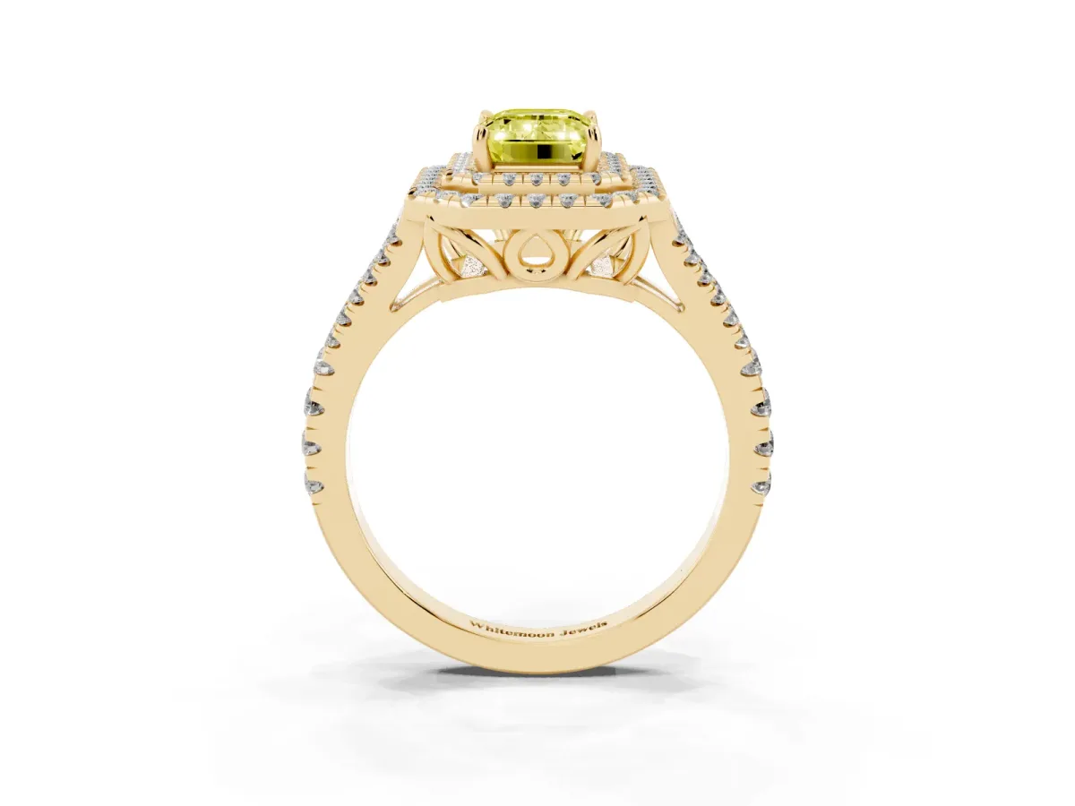 Fancy Yellow Emerald Cut Diamond Double Halo Ring with Pavé Band and Prong Setting Yellow gold
