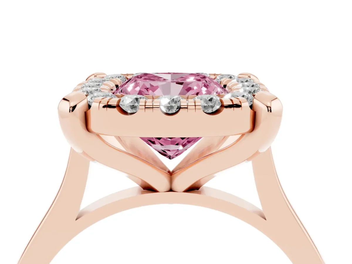 Fancy Pink Cushion Cut Diamond Cluster Halo Solitaire with Four-Prong Setting Rose gold