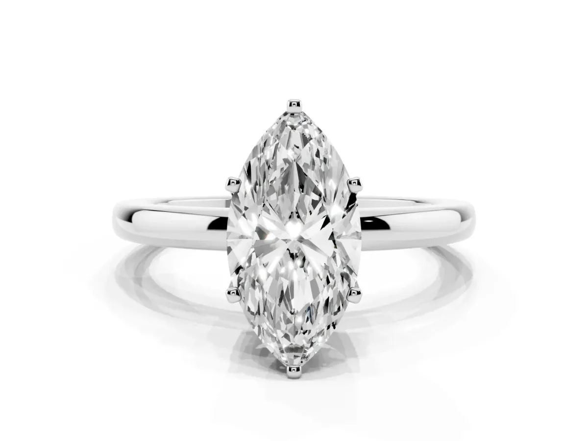 Marquise Cut Solitaire Diamond Ring with Six-Prong Setting on a Classic Band Silver