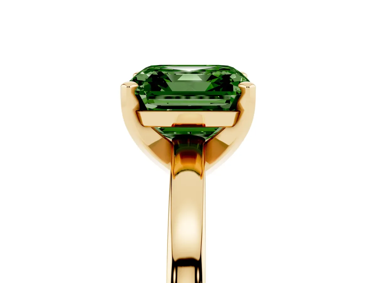 Fancy Green Asscher Cut Solitaire Diamond Engagement Ring with Four-Prong Setting on a Classic Band Yellow gold
