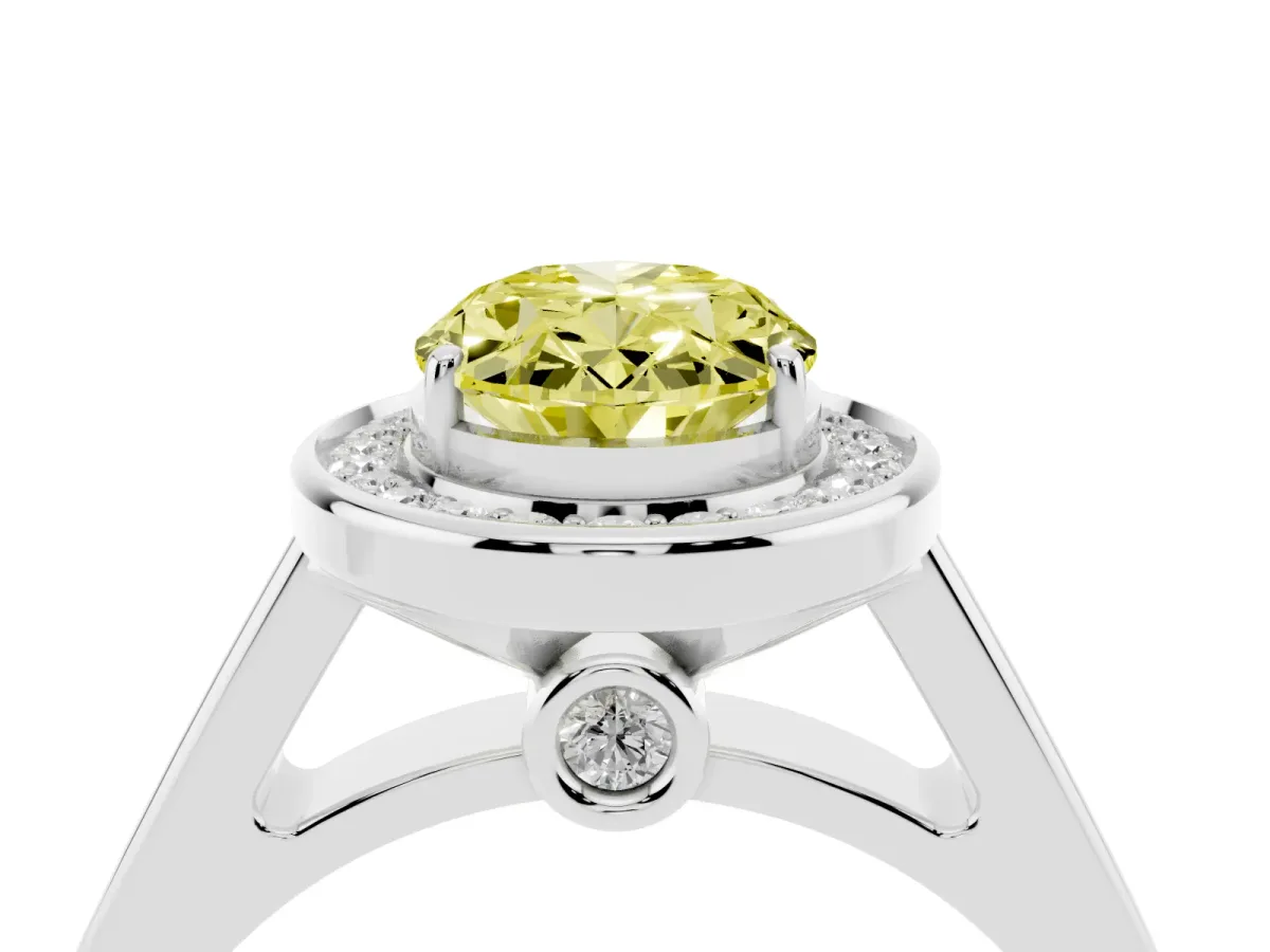 Fancy Yellow Oval Cut Halo Solitaire Diamond Ring with Pave Band and Bezel Setting Platinum