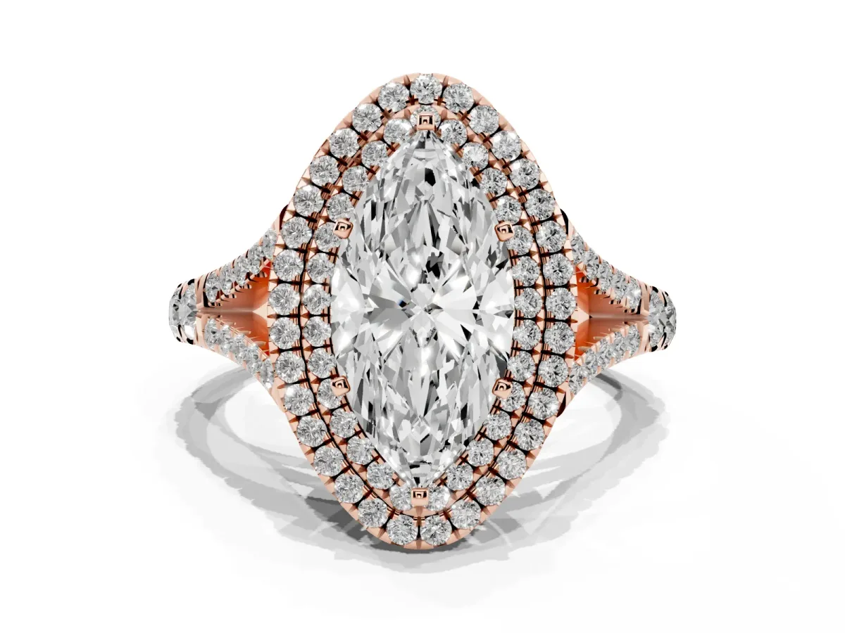 Marquise Cut Diamond Pavé Split Shank Double Halo Engagement Ring Rose gold