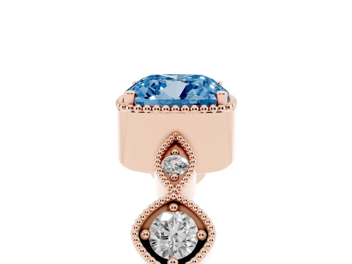 Fancy Blue Cushion Cut Diamond Vintage Milgrain Ring with Round Stations Rose gold