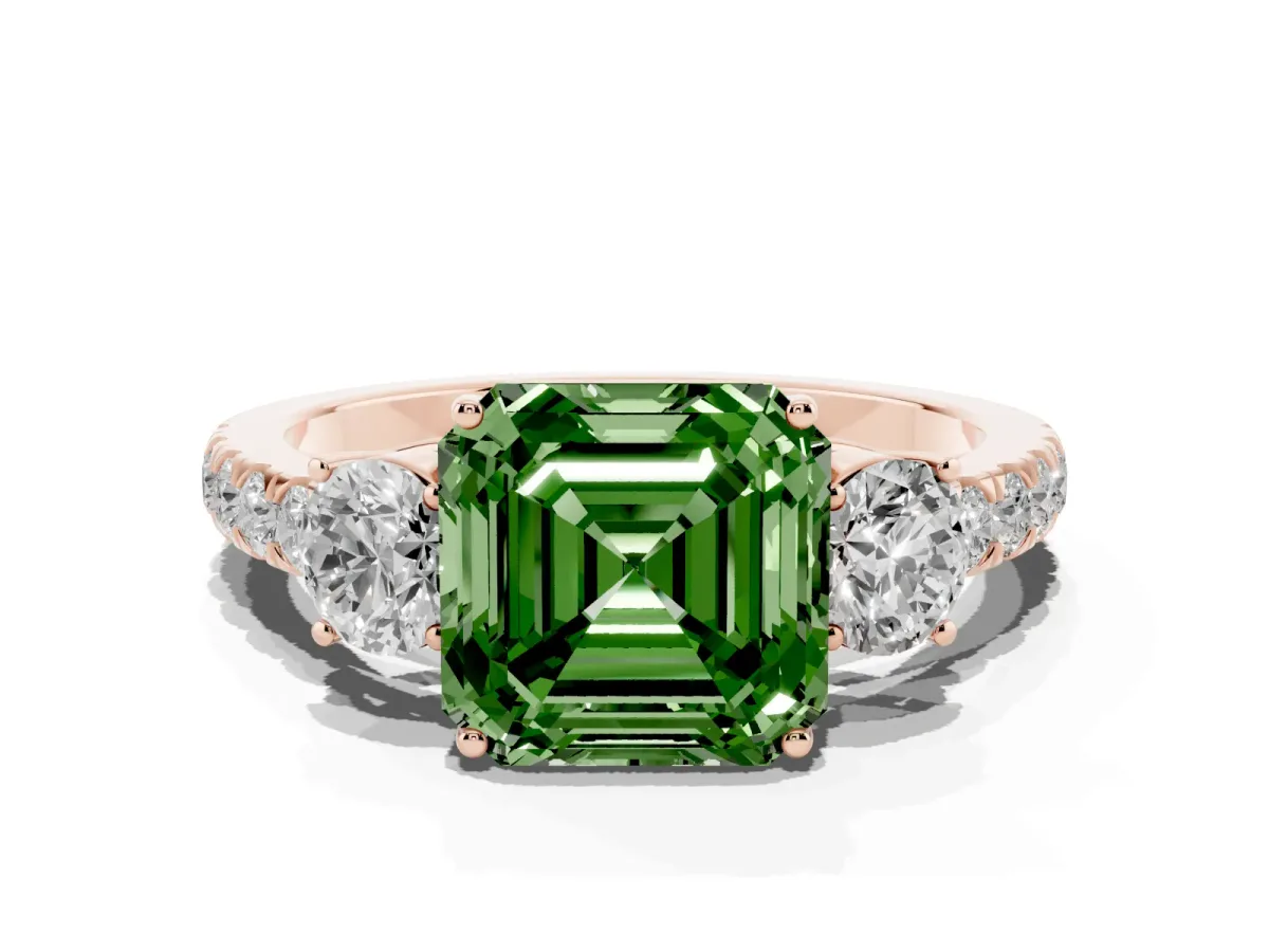 Fancy Green Asscher Cut Cut Diamond Three-Stone Ring with Round Side Stones and Pavé Band Rose gold