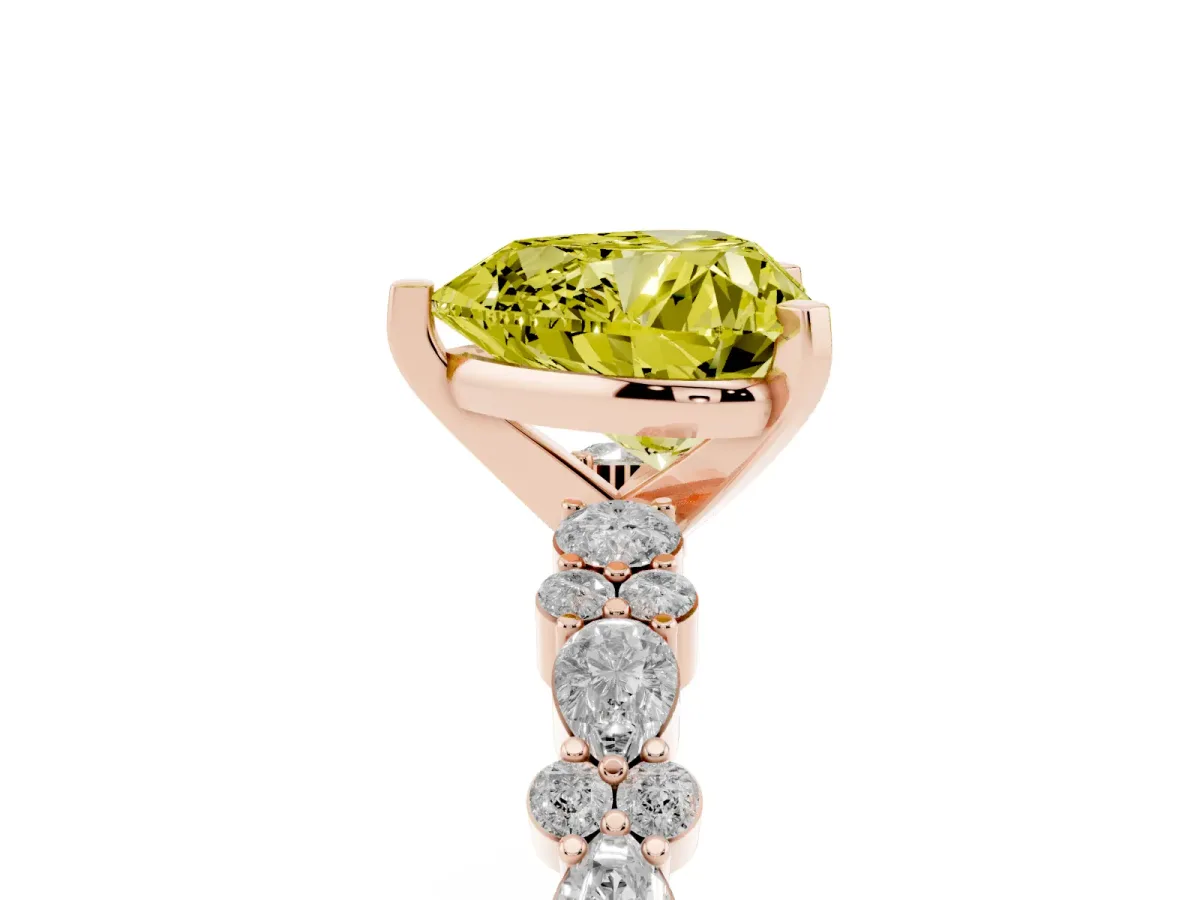 Fancy Yellow Heart Cut Diamond Side Stone Solitaire Ring with Round and Four-Prong Setting Rose gold