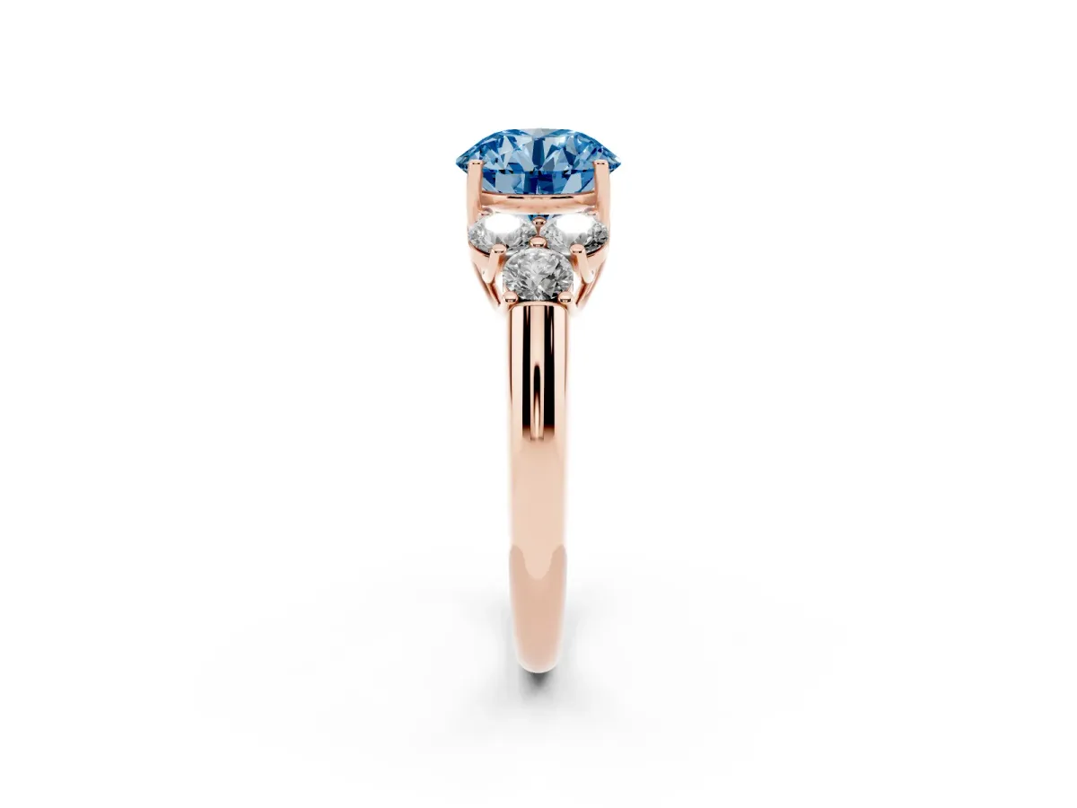 Fancy Blue Round Cut Cut Diamond Cluster Ring with Round Accent Stones and Prong Setting on a Classic Band Rose gold