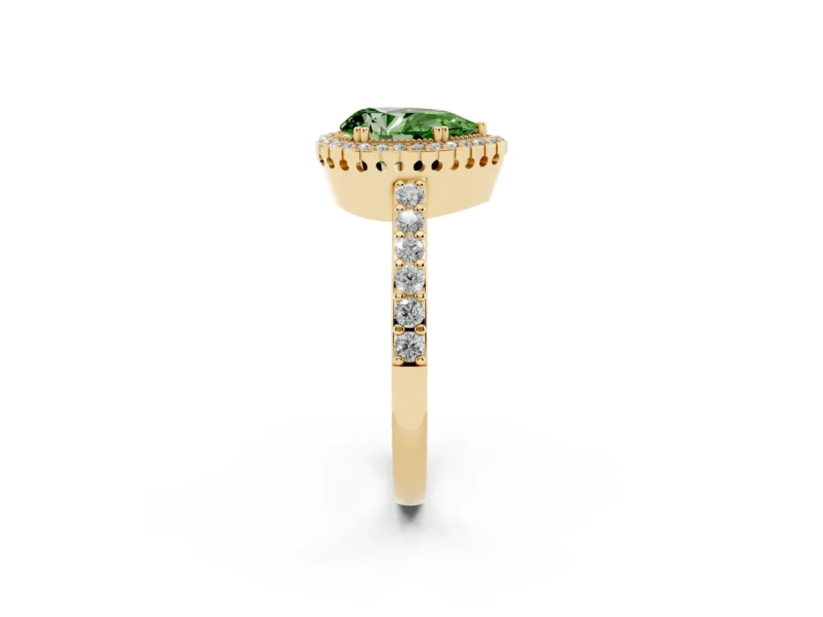 Fancy Green Pear Cut Cut Diamond Halo Engagement Ring with Milgrain Detail and Pavé Band Yellow gold