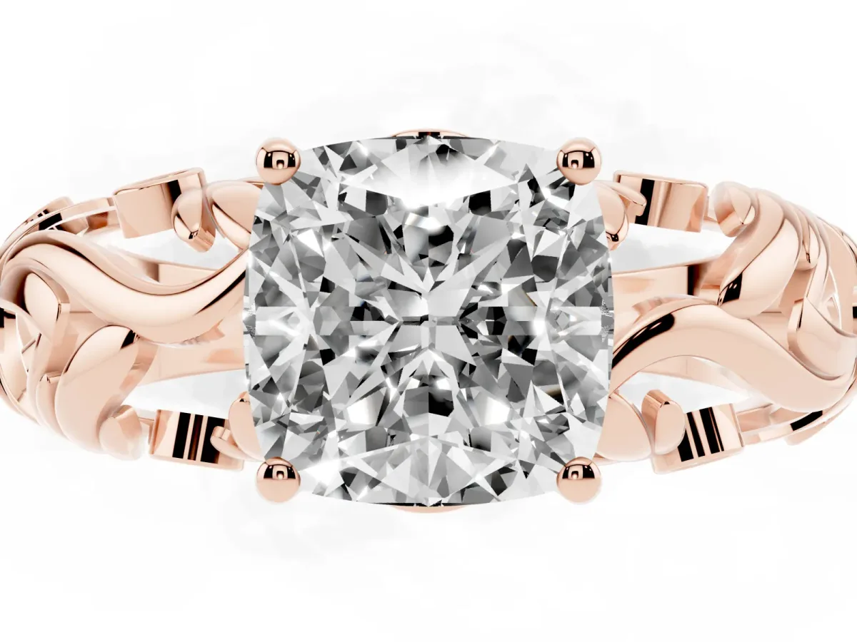 Cushion Cut Solitaire Diamond Leaf-Inspired Vine Band Ring with Prong Setting Rose gold