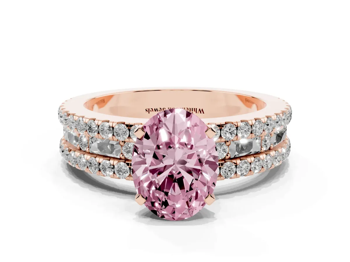 Fancy Pink Oval Cut Diamond Solitaire Ring with Pavé and Channel Set Band Rose gold