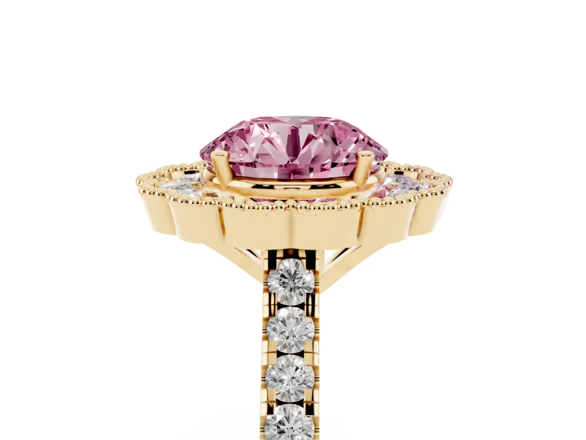 Fancy Pink Round Cut Cut Diamond Milgrain Floral Halo Engagement Ring with Pavé Band Yellow gold