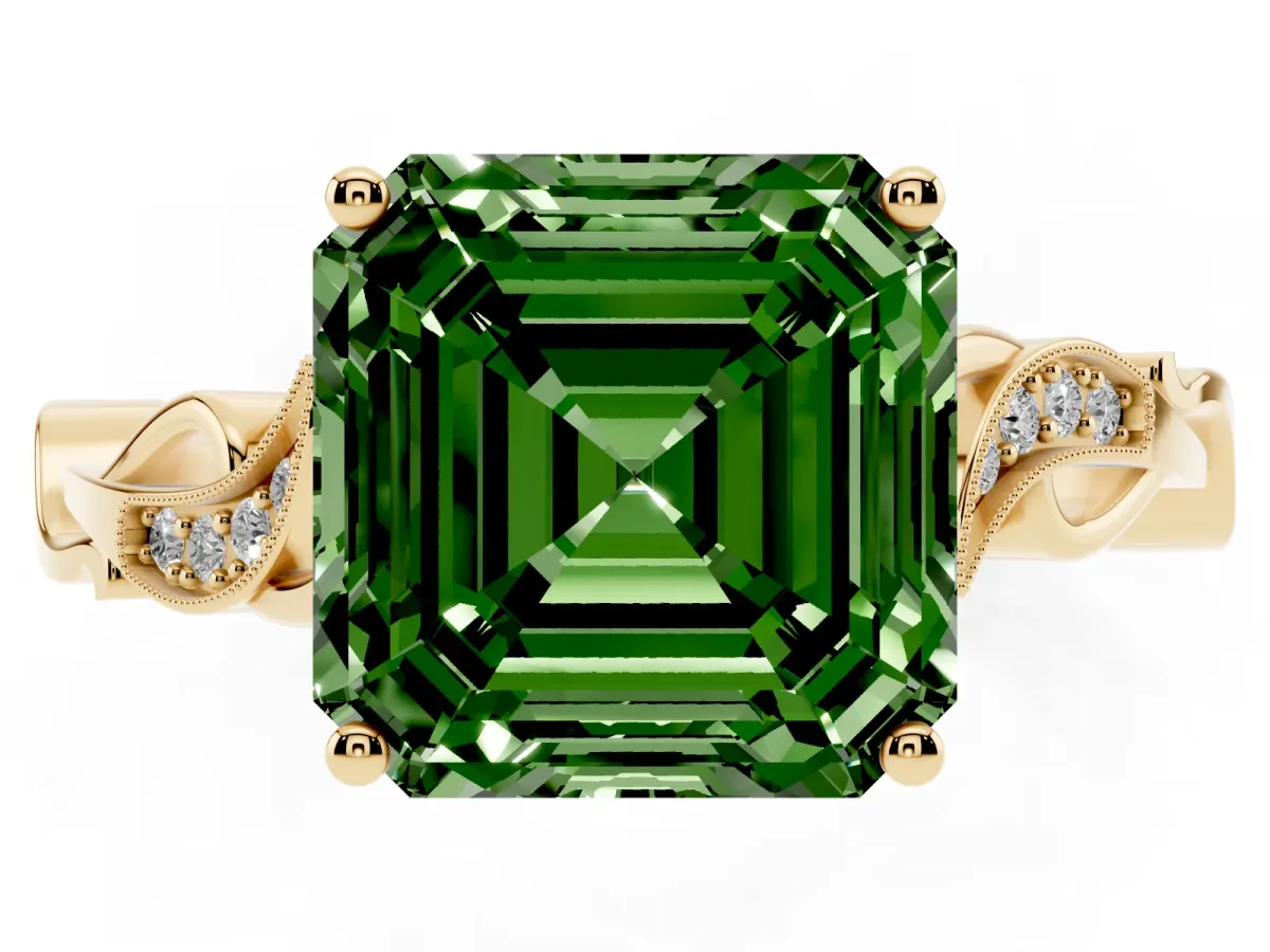 Fancy Green Asscher Cut Solitaire Vine Band with Milgrain Prong Setting Yellow gold