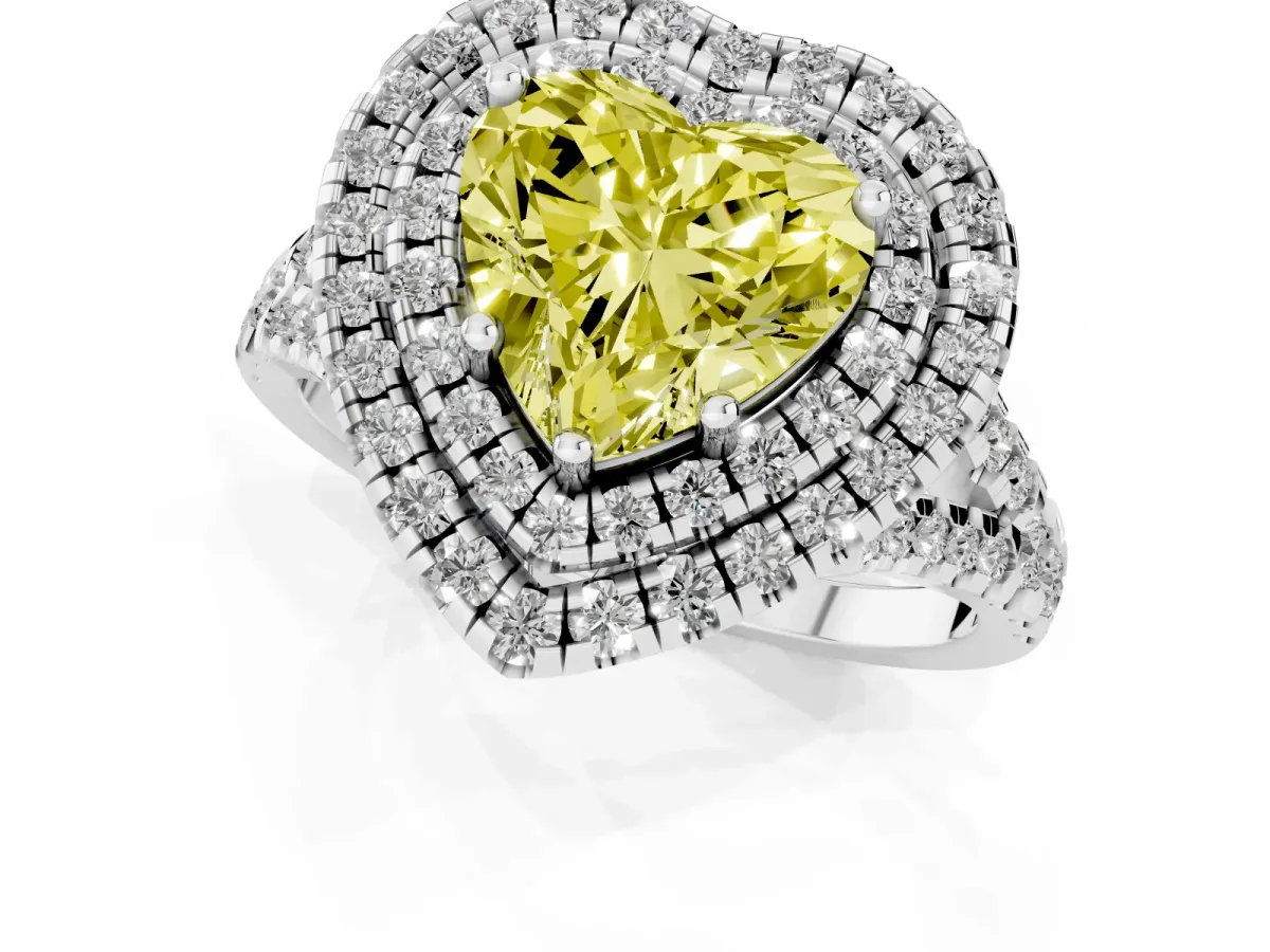 Fancy Yellow Double Halo Heart Cut Diamond Pavé Split Shank Ring with Prong Setting Silver