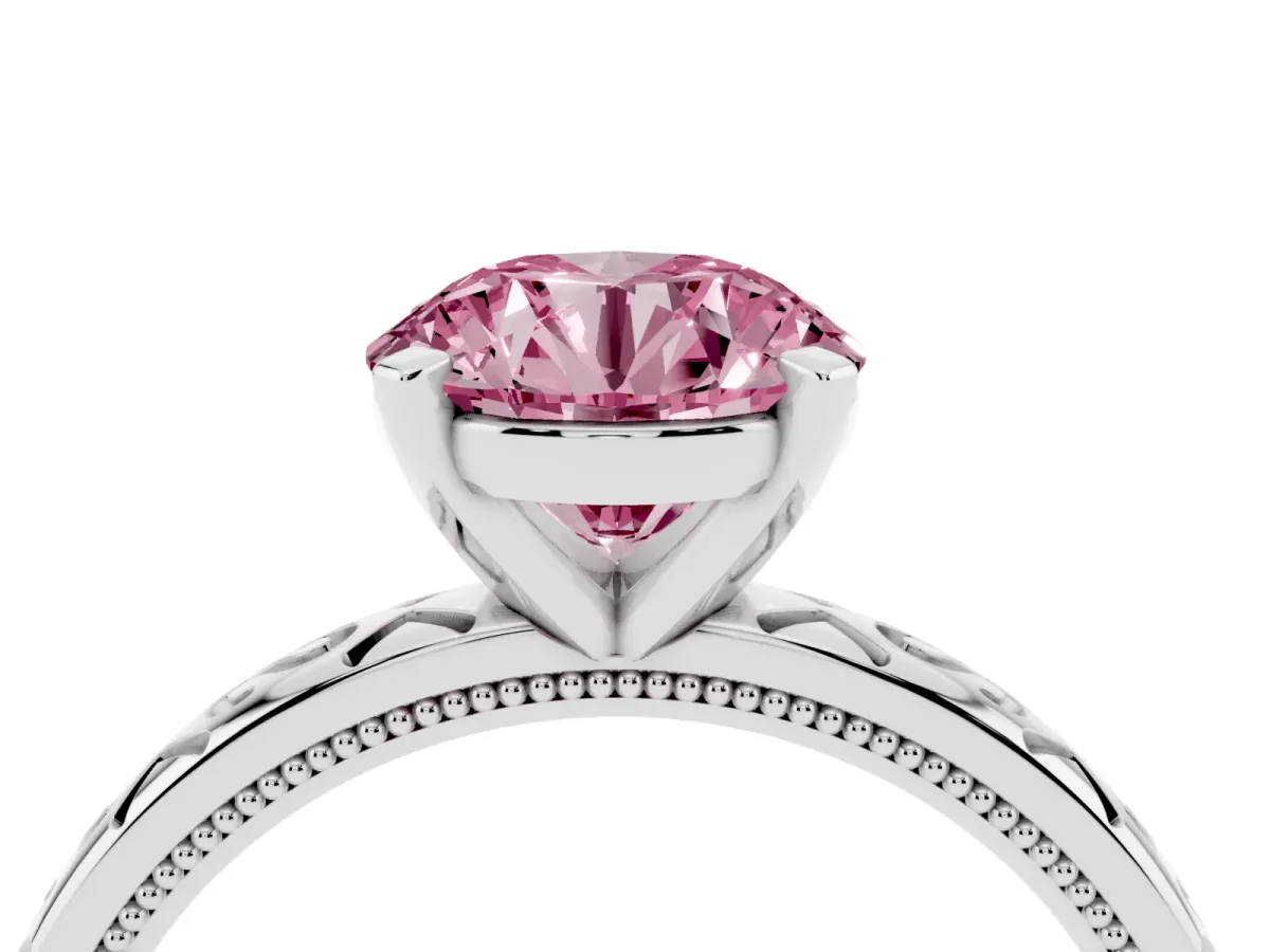 Fancy Pink Round Cut Solitaire Engagement Ring with Scrollwork Band and Four-Prong Setting Silver