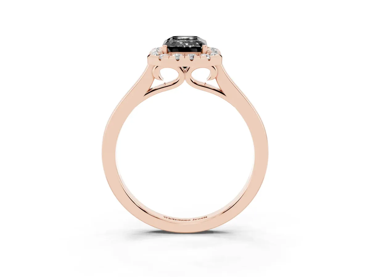 Fancy Black Emerald Cut Halo Round Diamond Solitaire Ring with Pavé Band and Four-Prong Setting Rose gold