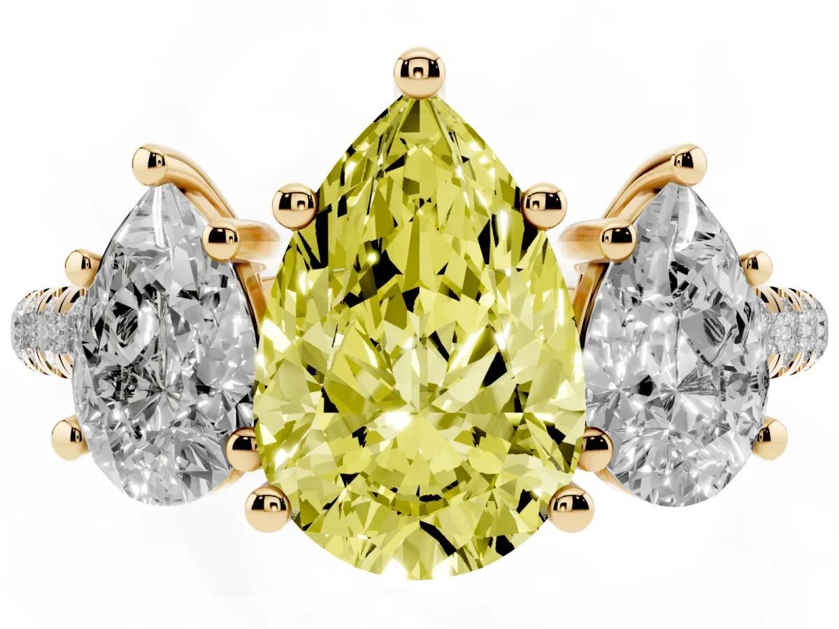 Fancy Yellow Three-Stone Pear Cut Diamond Ring with Round Pavé Band and Prong Setting Yellow gold