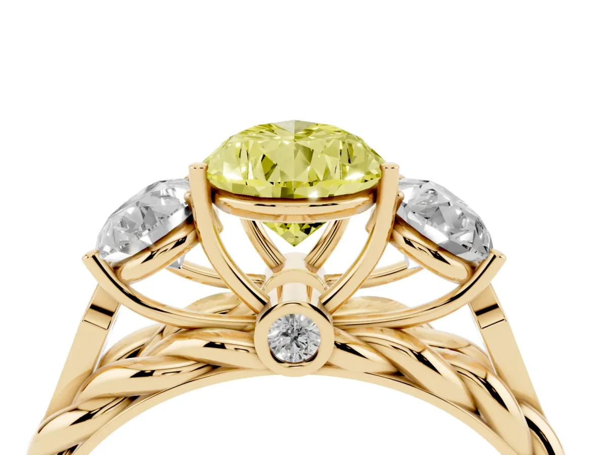 Fancy Yellow Three-Stone Pear Cut Diamond Braided Band Ring with Four-Prong Setting Yellow gold