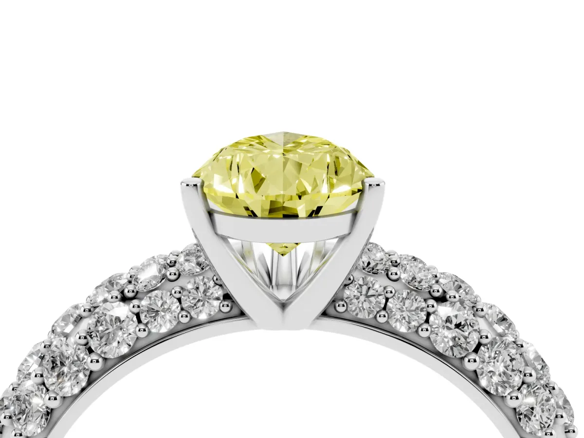 Fancy Yellow Pear Cut Diamond Pavé Band Solitaire Ring with Four-Prong Setting White gold