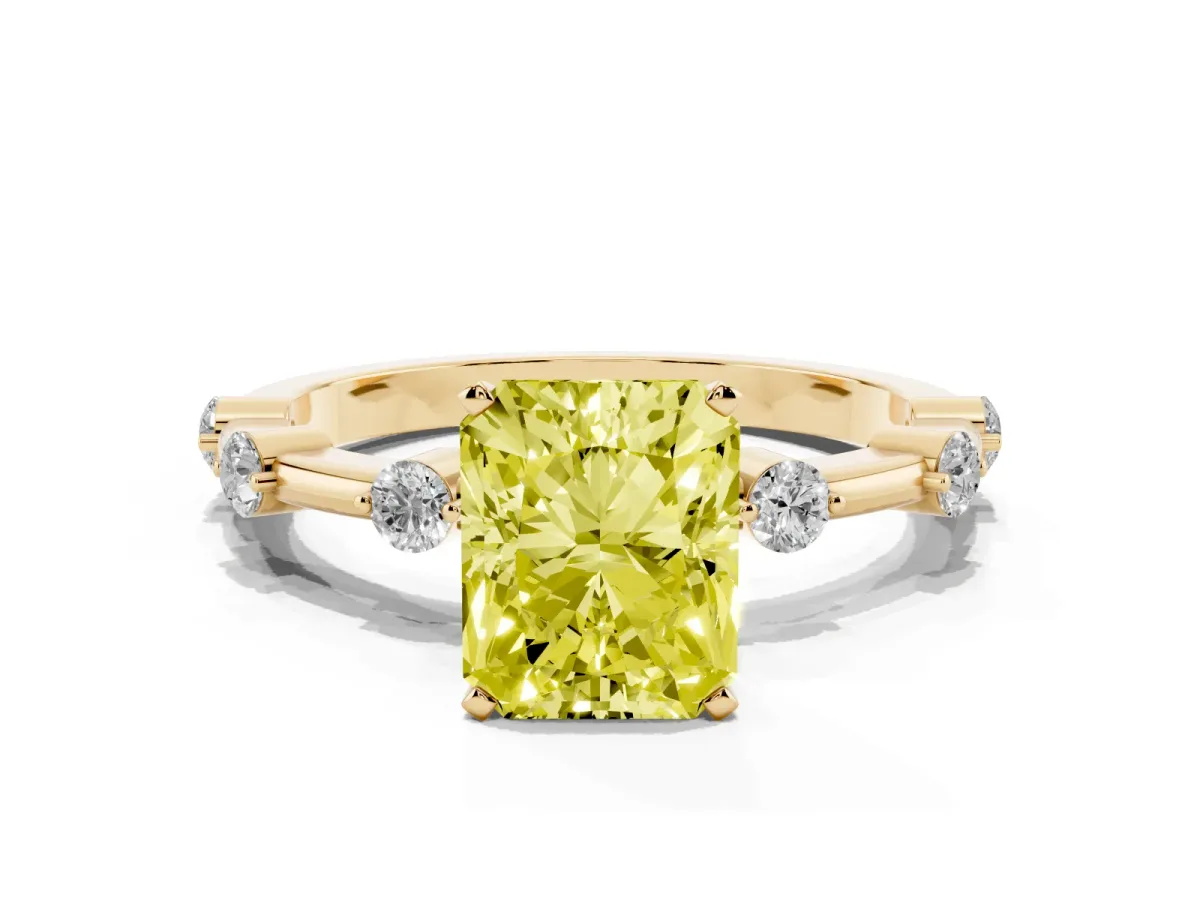 Fancy Yellow Radiant Cut Solitaire Diamond Ring with Bezel Set Side Stones and Prong Setting Yellow gold
