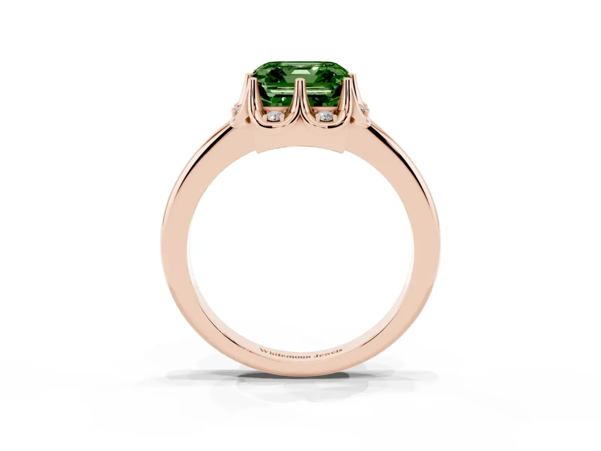 Fancy Green Asscher Cut Halo Diamond Ring with Round Cluster Setting, Solitaire Band, and Four-Prong Setting Rose gold