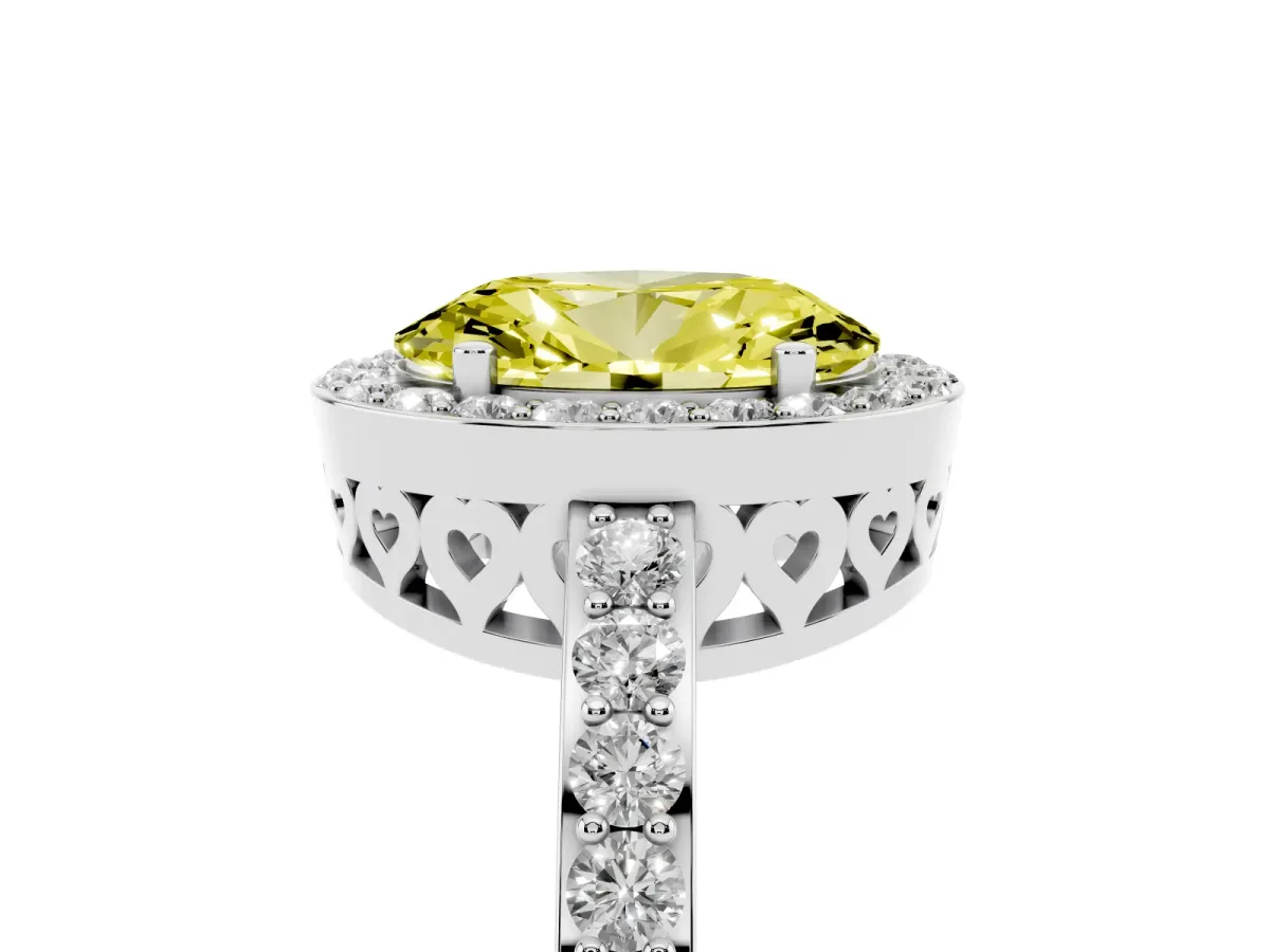 Fancy Yellow Oval Cut Halo Diamond Pavé Band Ring with Prong Setting Silver