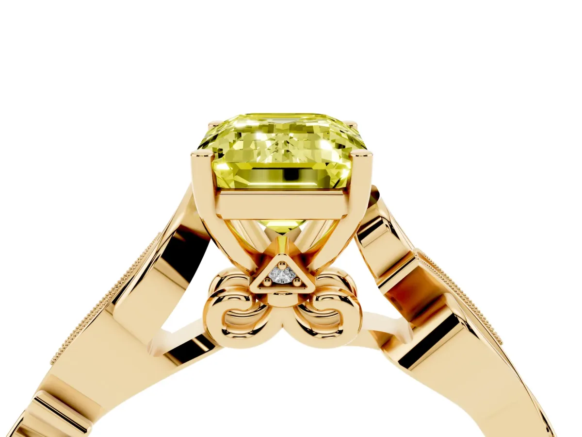 Fancy Yellow Emerald Cut Solitaire Vine Band with Milgrain Prong Setting Yellow gold