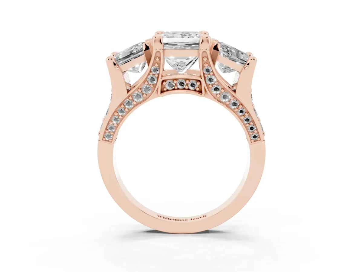 Princess Cut Diamond Three-Stone Ring with Channel Set Band and Four-Prong Setting Rose gold