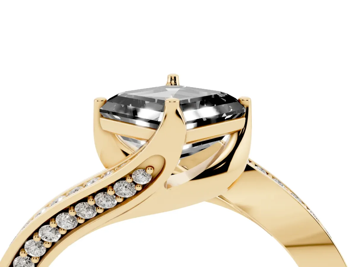 Fancy Black Asscher Cut Solitaire Diamond Twist Band with Pavé Setting and Four-Prong Setting Yellow gold