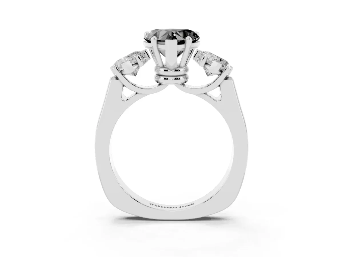 Fancy Black Three-Stone Heart Cut Brilliant Diamond Trellis Ring with Comfort Fit Band Silver