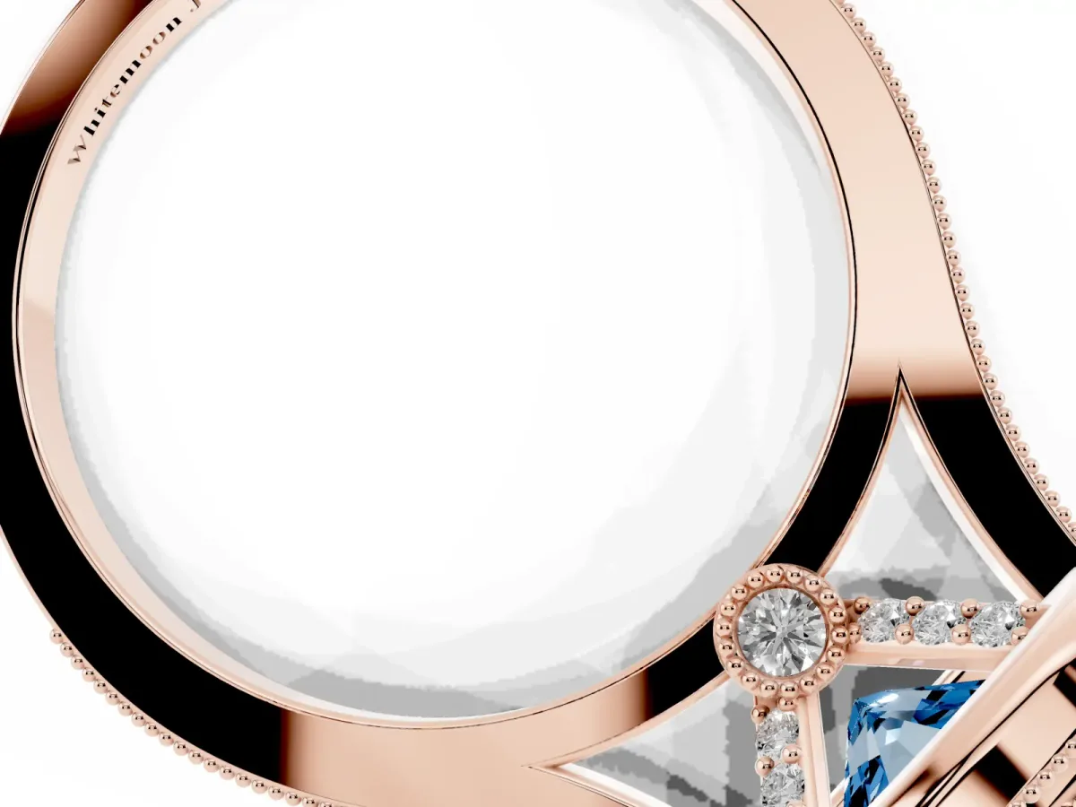 Fancy Blue Cushion Cut Diamond Halo Ring with Milgrain Frame and Pavé Band Rose gold