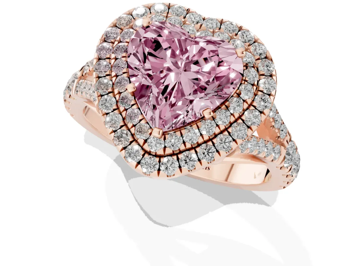 Fancy Pink Heart Cut Cut Double Halo Split Shank Diamond Ring with Prong Setting Rose gold