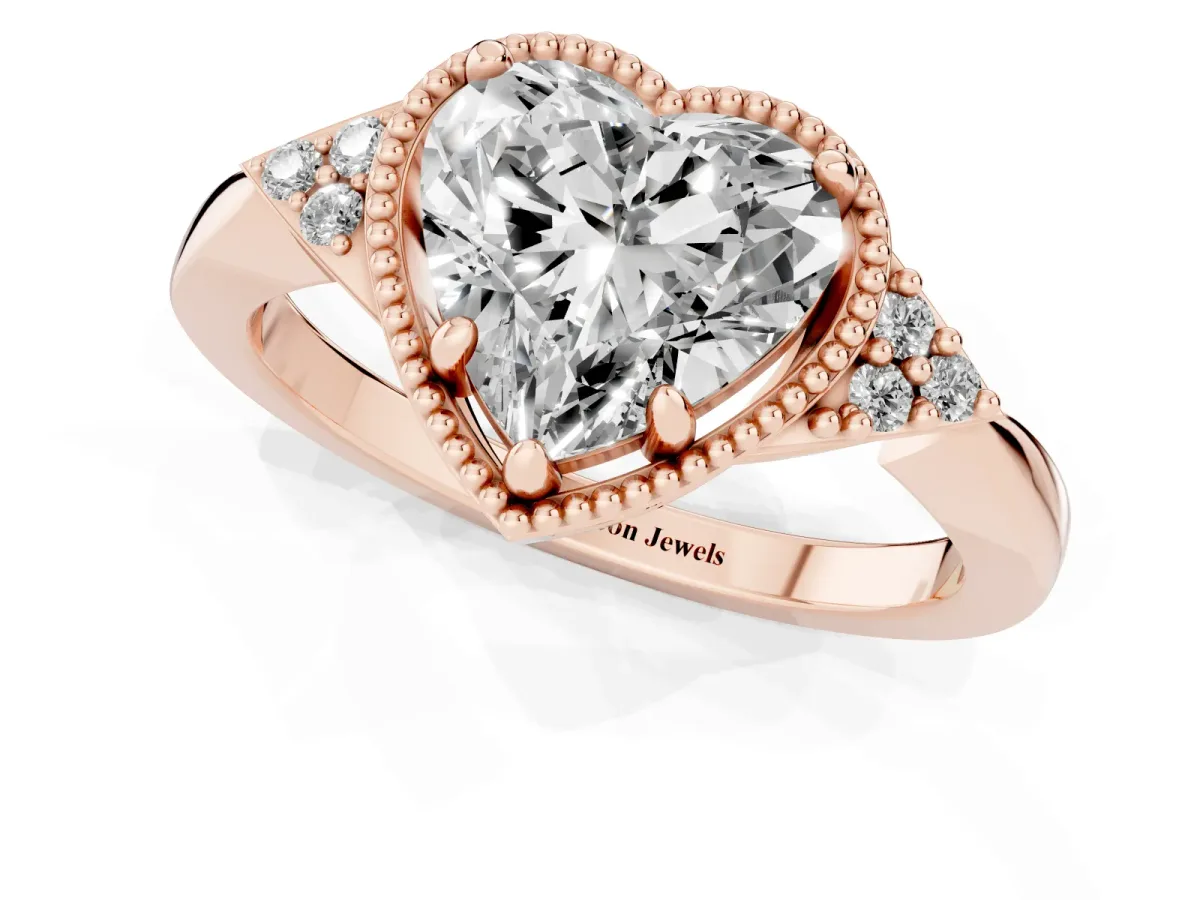 Hexagonal Halo Heart Cut Diamond Solitaire with Pavé Band and Four-Prong Setting Rose gold