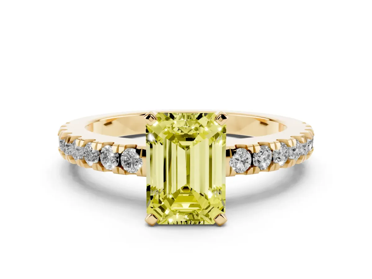 Fancy Yellow Emerald Cut Solitaire Diamond with Pavé Band and Four-Prong Setting Yellow gold