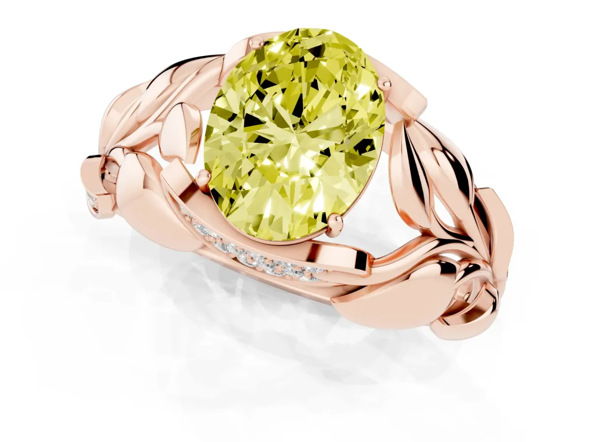 Fancy Yellow Oval Cut Diamond Leaf-Inspired Engagement Ring with Round Accents and Prong Setting Rose gold