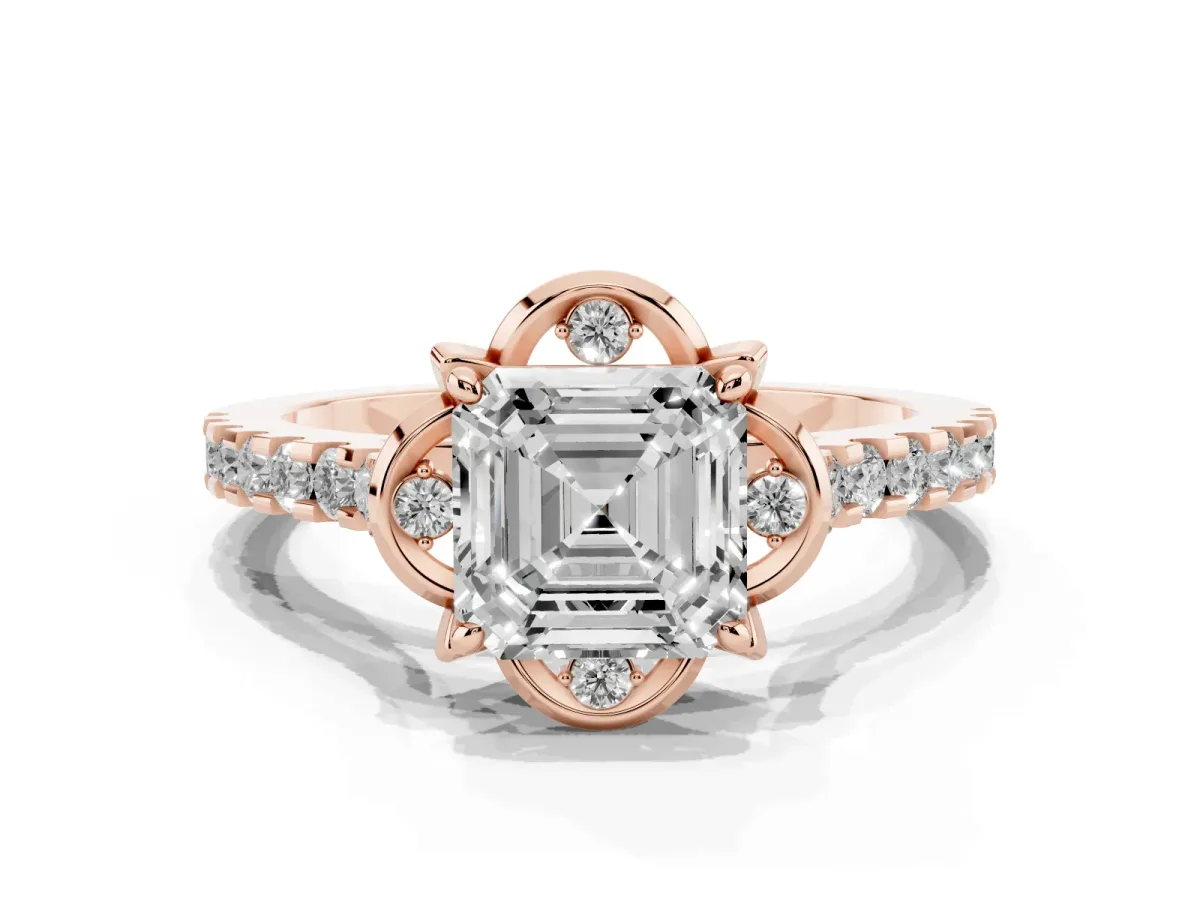 Asscher Cut Diamond Ring with Pavé Band and Floral Prong Setting Rose gold