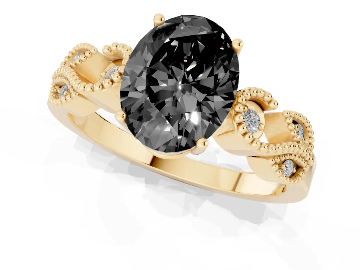 Fancy Black Oval Cut Solitaire Milgrain Leaf Band with Prong Setting Yellow gold