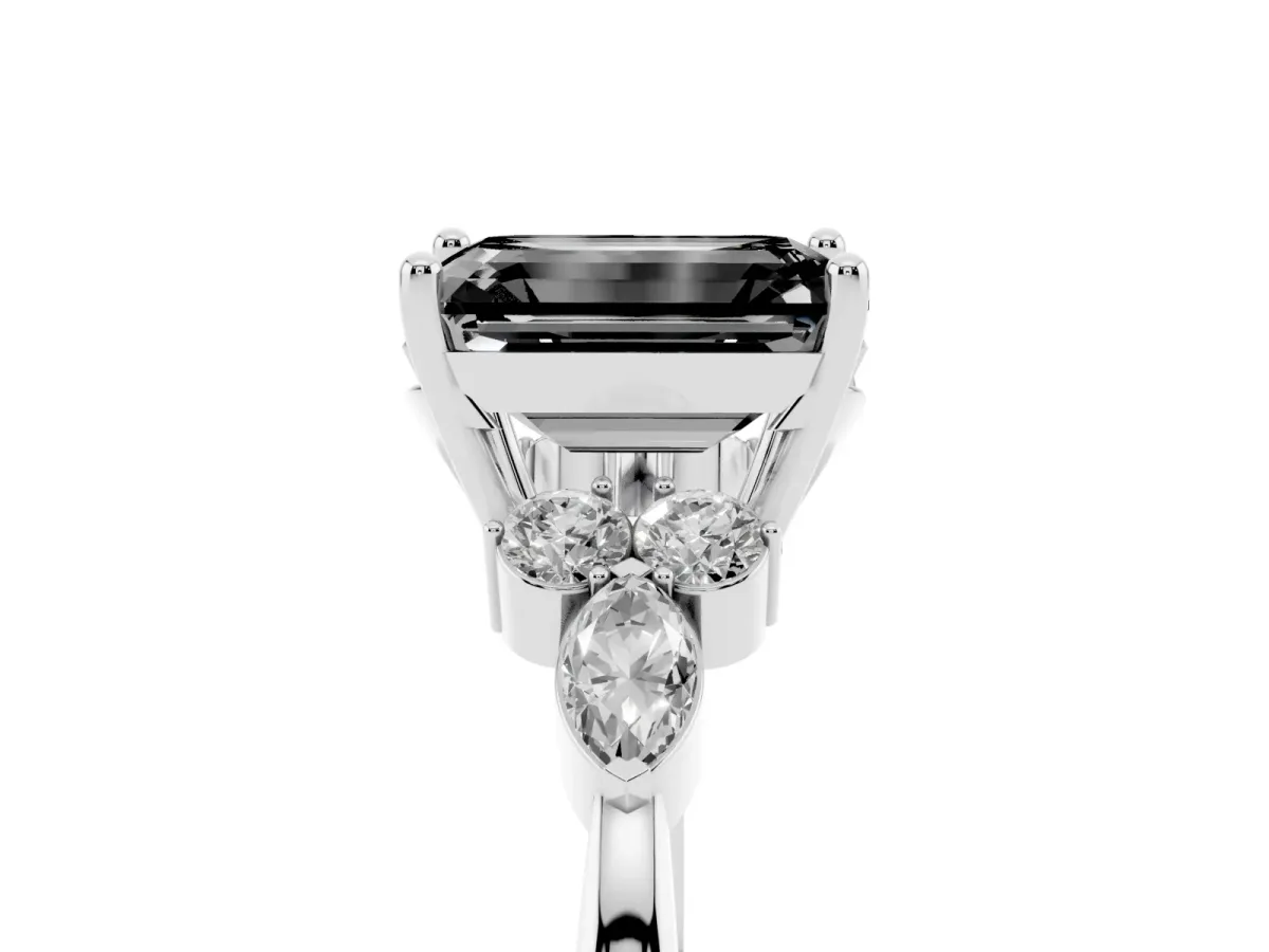 Fancy Black Emerald Cut Brilliant Diamond Solitaire Ring with Pear Side Stones and Four-Prong Setting Silver
