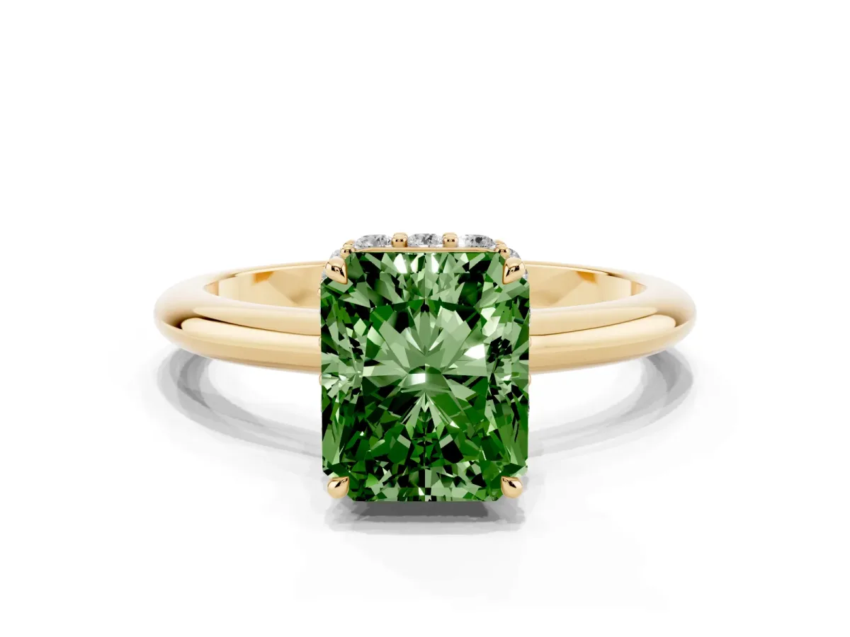 Fancy Green Radiant Cut Brilliant Solitaire Engagement Ring with Six-Prong Setting and Classic Band Yellow gold