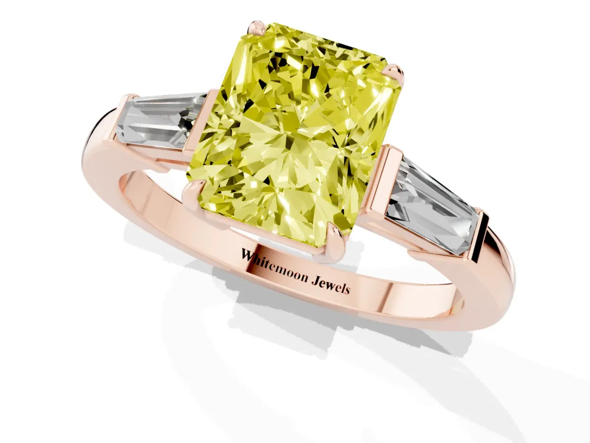 Fancy Yellow Radiant Cut Diamond Three-Stone Ring with Tapered Baguette Side Stones and Prong Setting Rose gold