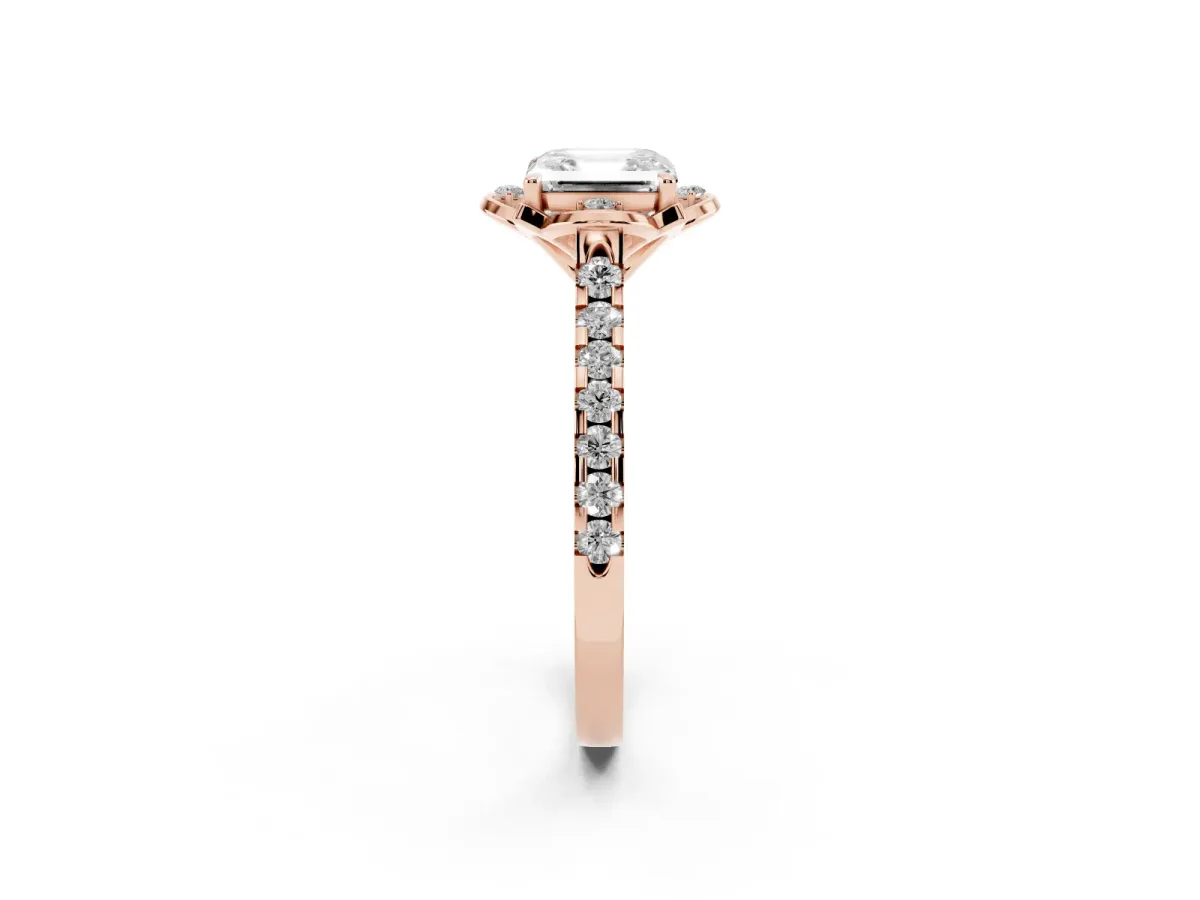 Asscher Cut Diamond Ring with Pavé Band and Floral Prong Setting Rose gold