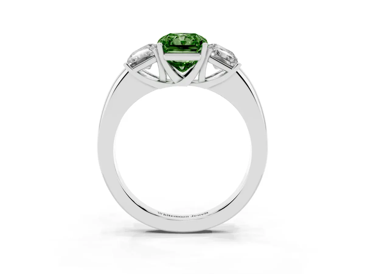 Fancy Green Radiant Cut Diamond Three-Stone Ring with Four-Prong Setting and Classic Band Silver