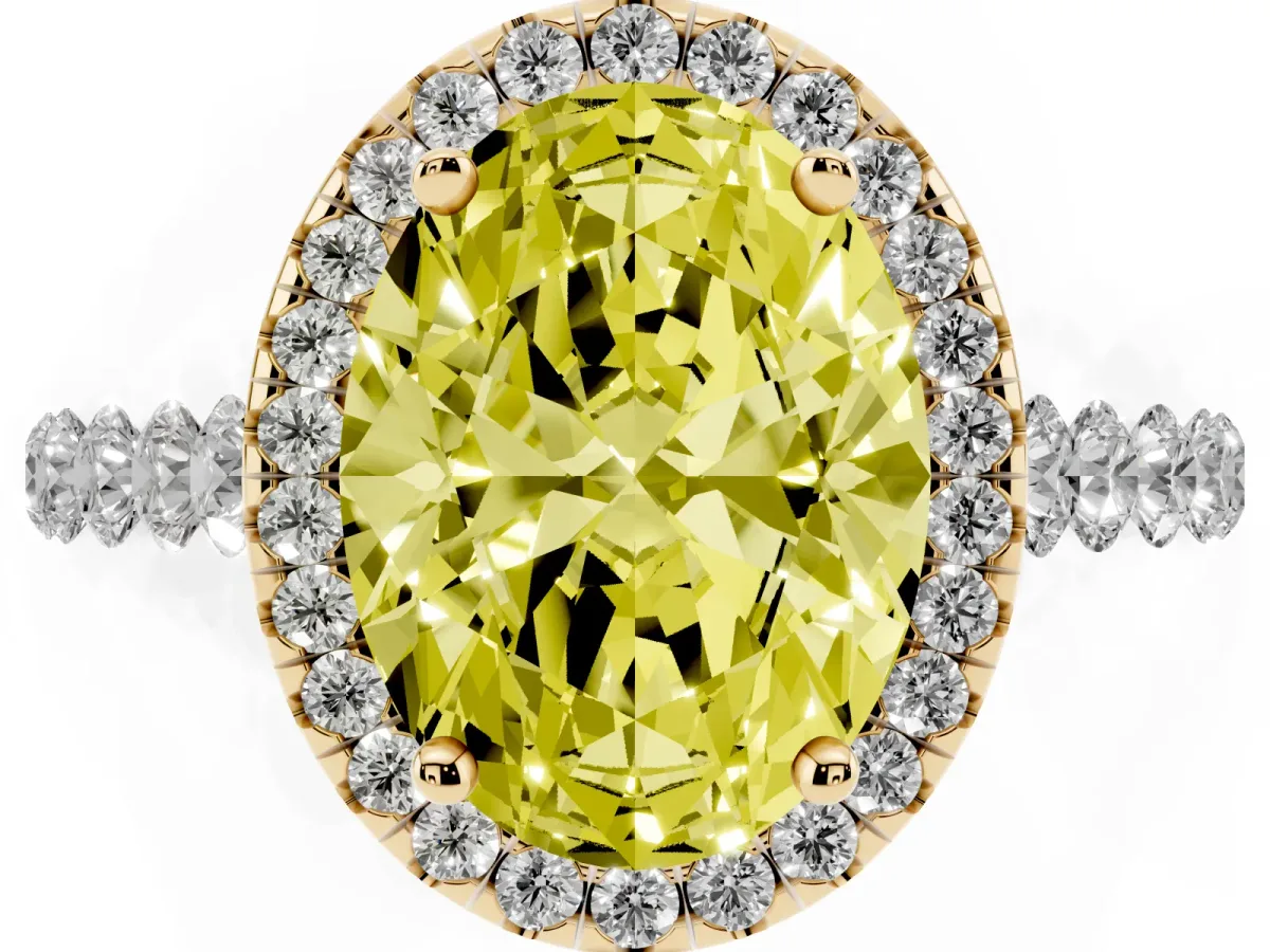 Fancy Yellow Oval Cut Halo Pavé Diamond Engagement Ring with Four-Prong Setting Yellow gold
