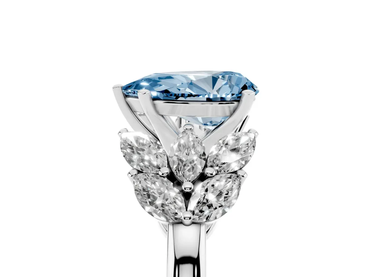 Fancy Blue Pear Cut Diamond Cluster Leaf Design Ring with Prong Setting Platinum