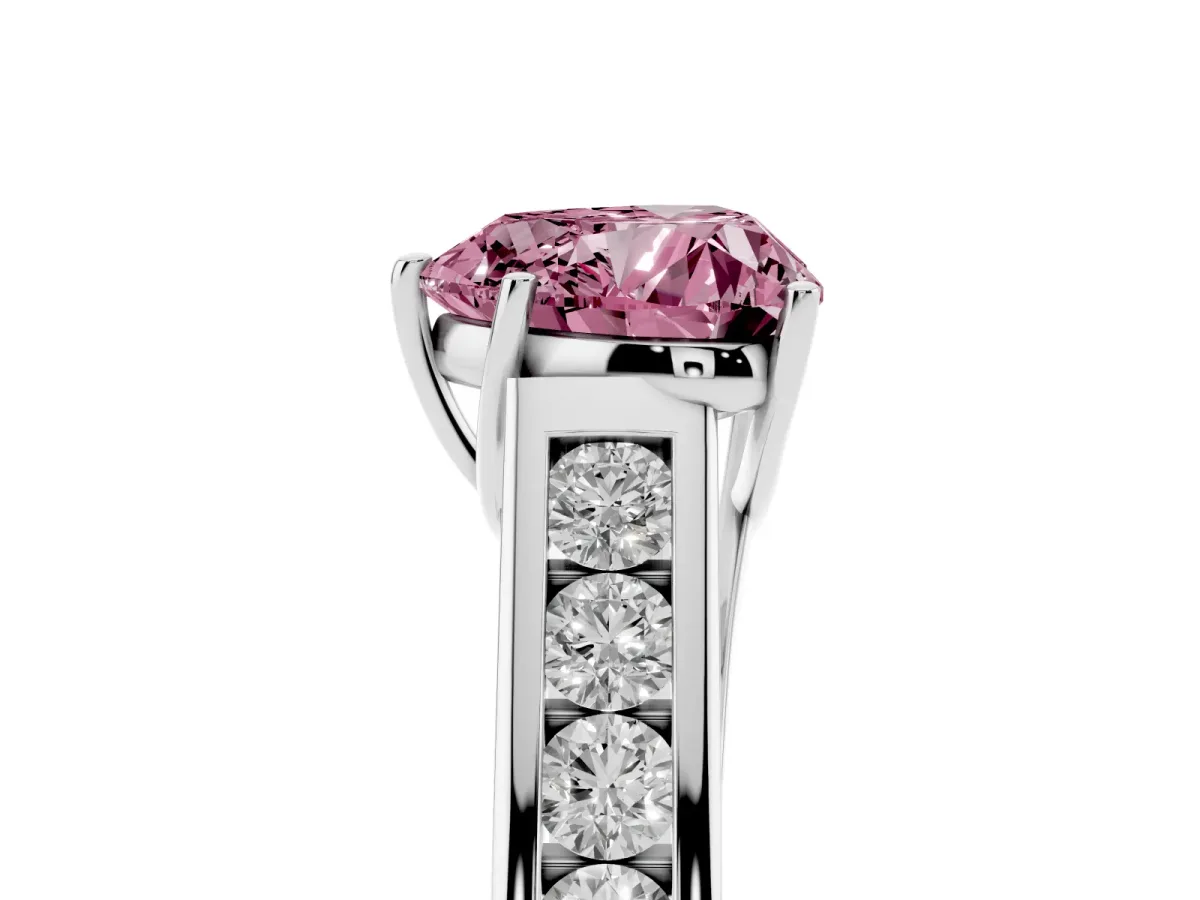 Fancy Pink Heart Cut Brilliant Channel-Set Solitaire Ring with Four-Prong Setting Platinum