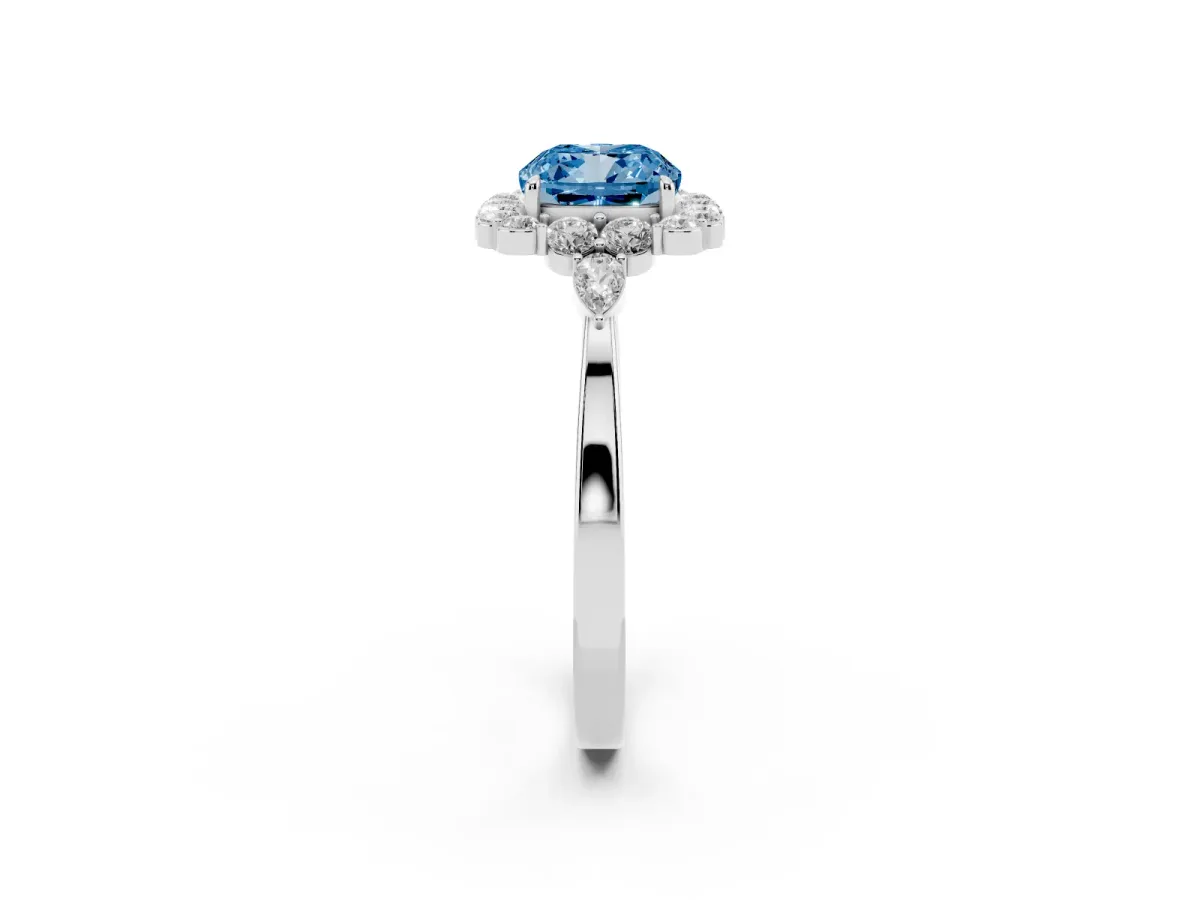 Fancy Blue Cushion Cut Diamond Halo Ring with Pear Side Stones and Prong Setting Silver