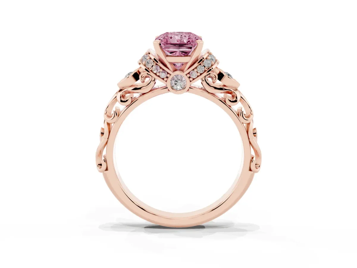 Fancy Pink Radiant Cut Diamond Solitaire Ring with Filigree Band and Four-Prong Setting Rose gold