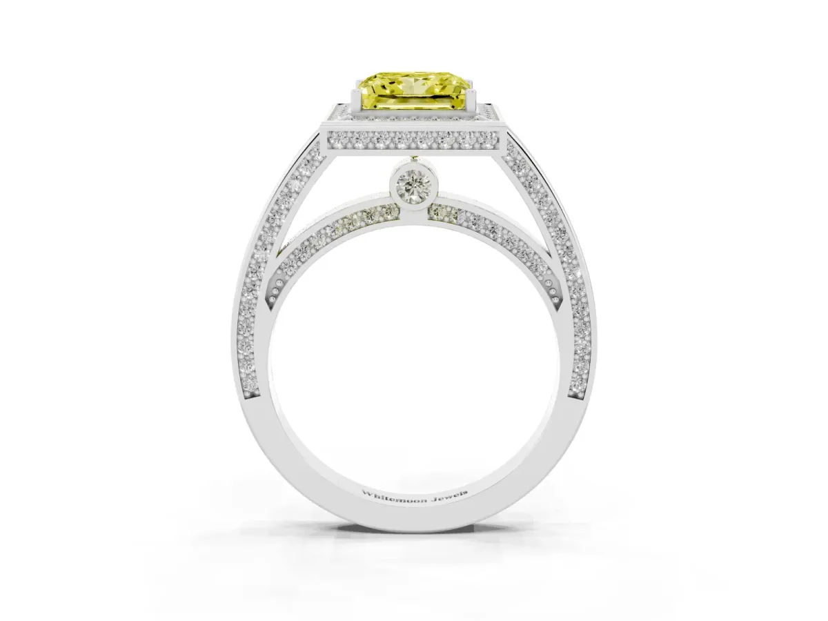 Fancy Yellow Princess Cut Cut Halo Pave Split Shank Prong Setting Ring White gold