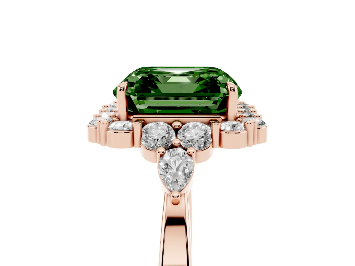 Fancy Green Asscher Cut Diamond Halo Ring with Pear Side Stones and Prong Setting Rose gold